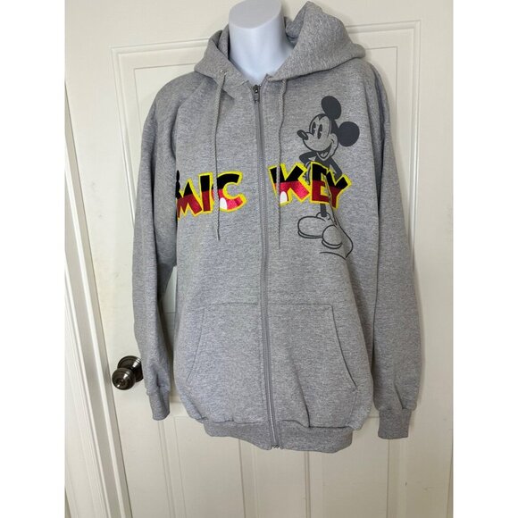 Disneyland Mickey Mouse Gray Zip up Hooded Jacket Medium By Hanes 50% Cotton 50% - Picture 2 of 7